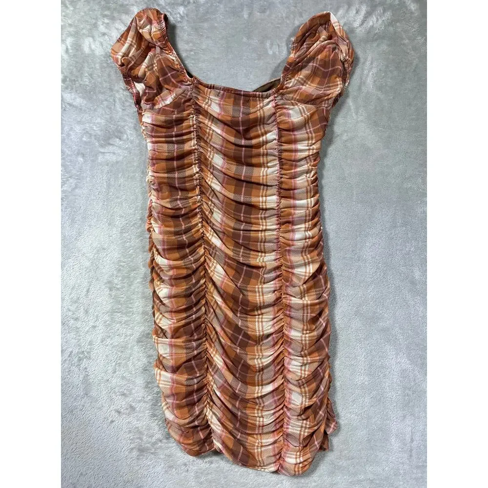 Y2K Checkered Brown Plaid Ruched Bodycon Mini Dress Puff Sleeve Medium - Picture 8 of 9